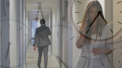 talking on phone, businesswoman with clock animation, man walking in office hallway