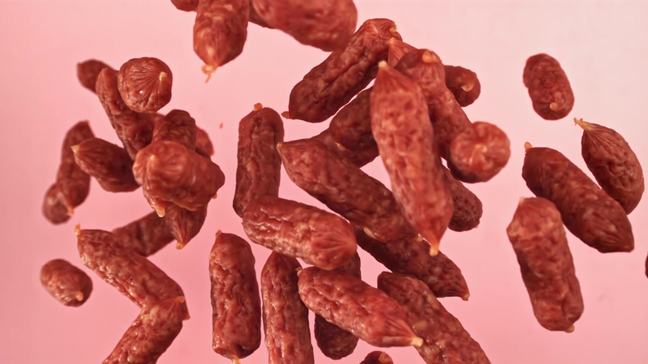 Czerwone mini kiełbaski salami spadające w zwolnionym tempie na różowym tle