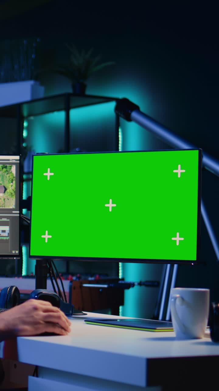 Vertikal video. Videoredigering med redigeringssoftware på en grøn skærm til at opgradere optagelser.
