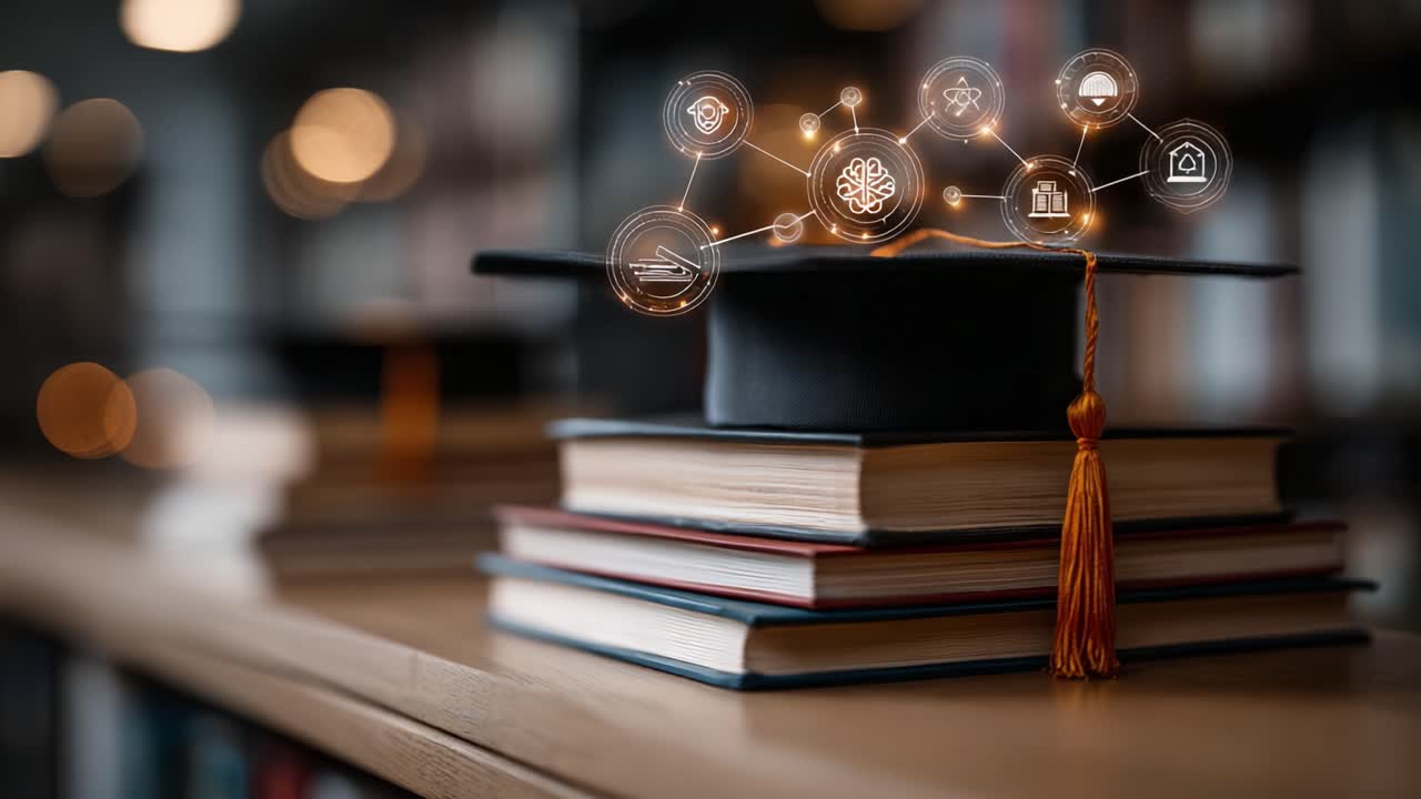 A Graduation Cap on a Stack of Books Represents the Convergence of Knowledge and Technology in Modern Education, Highlighting the Role of Intelligence and Innovation