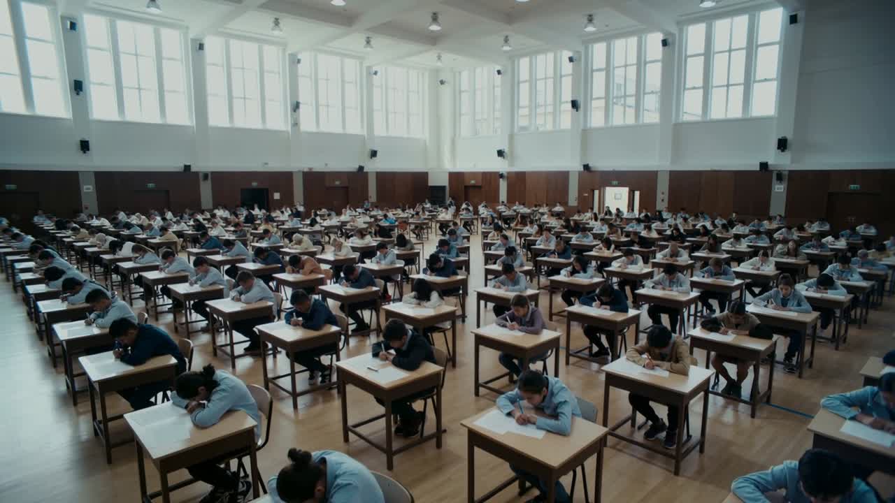L'esame inizia, gli studenti in uniforme sono seduti e scrivono sui fogli d'esame in un'aula scolastica con banchi di legno.