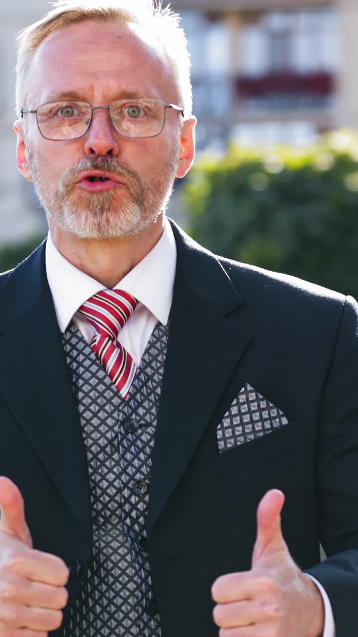 Mature businessman talking on the mobile phone outdoors. Successful elderly business man finishes talking on the phone and shows yes gesture by his hands. Vertical video