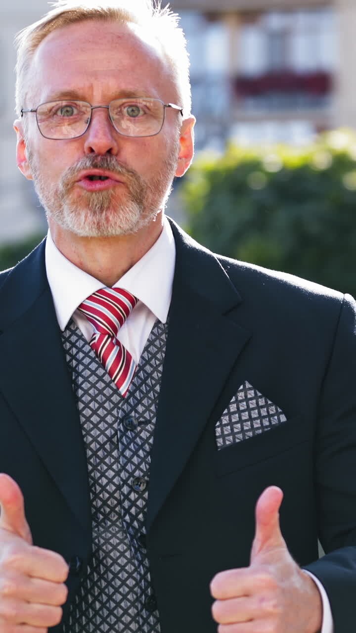 Mature businessman talking on the mobile phone outdoors. Successful elderly business man finishes talking on the phone and shows yes gesture by his hands. Vertical video