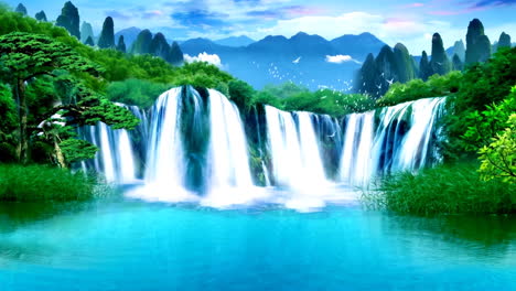 Pintura-En-Tinta-De-Paisaje-Japonés-Tradicional-Chino-Antiguo-Durante-El-Día-De-Una-Hermosa-Y-Tranquila-Cascada,-árboles,-Montañas,-Flores,-Lago,-Agua,-Pájaros,-Cielo-Azul,-Barco,-Temporada-De-Flores-De-Cerezo