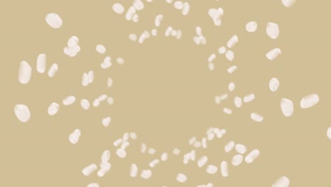 volando mucho arroz en fondo marrón. granos de arroz blanco. arroz glutinoso. vegetariano. comida saludable. animación de bucle 3d de arroz girando.