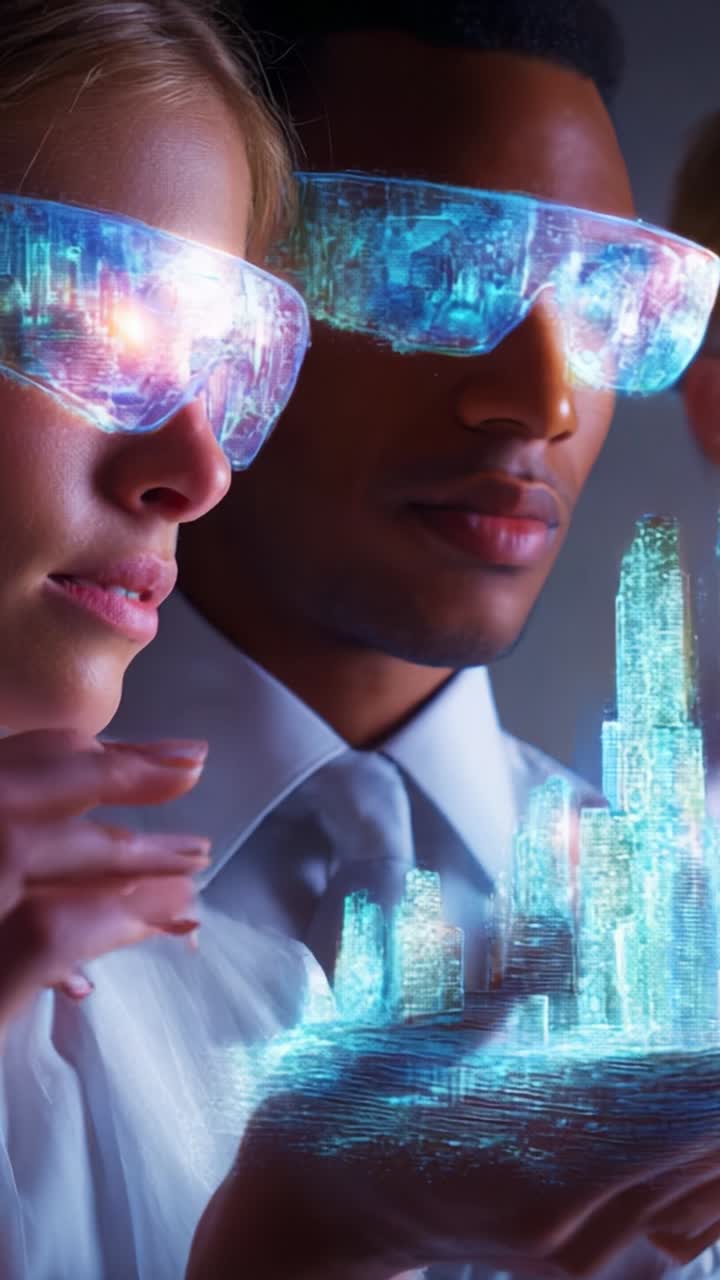 Futuristic Visualization: Individuals with Augmented Reality Glasses Engaging with Holographic Cityscape Projections Indicating Technological Advances in Digital Interaction