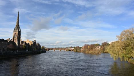 beautiful autumn scene of perth and river tay on a sunny day- static shot