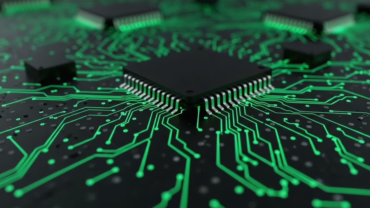 Exploring the Intricate Details of a Modern Circuit Board with Green Connectivity Pathways and Microchips, Highlighting the Complexity of Electronic Design and Technology