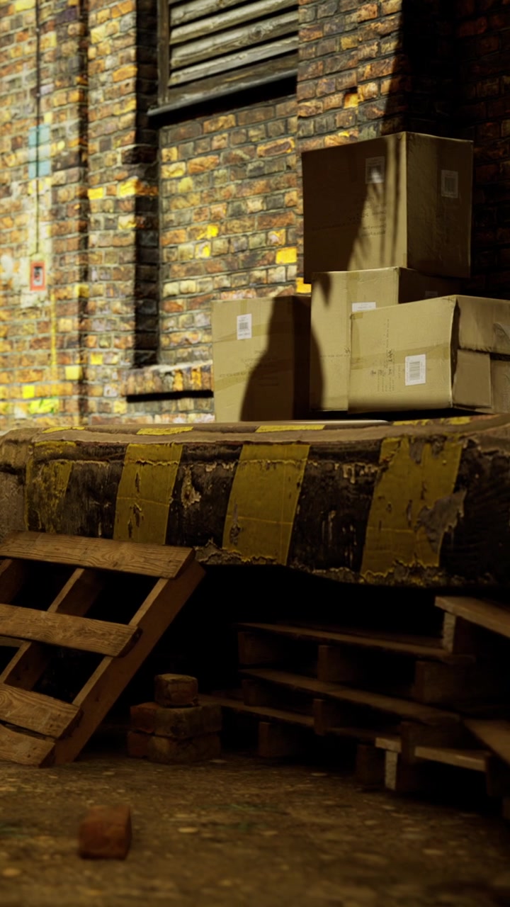 Magazzino urbano con mattoni colorati e pallet di legno alla luce serale.