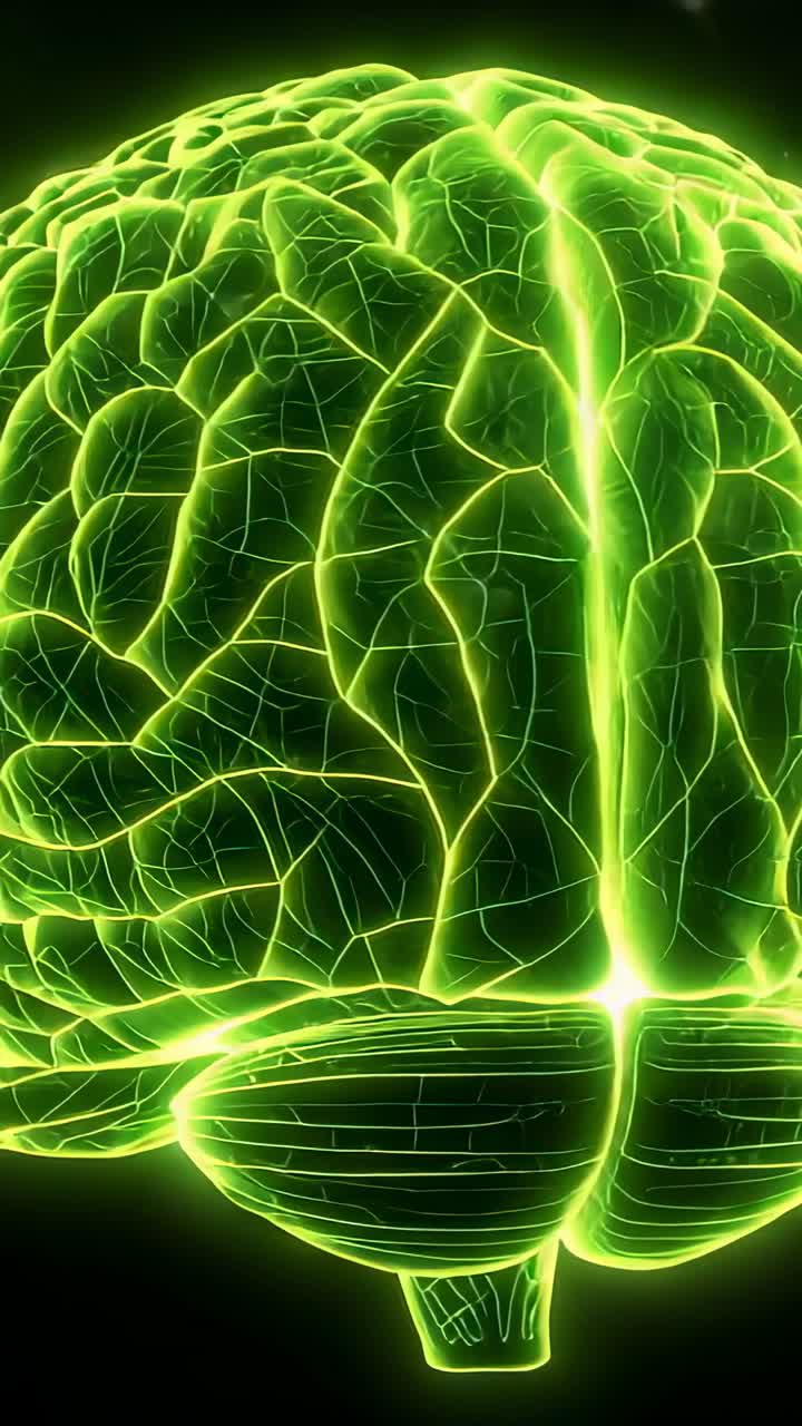 Vertical video: Initializing neon green brain rotating left in dark void, with pulsing neural paths