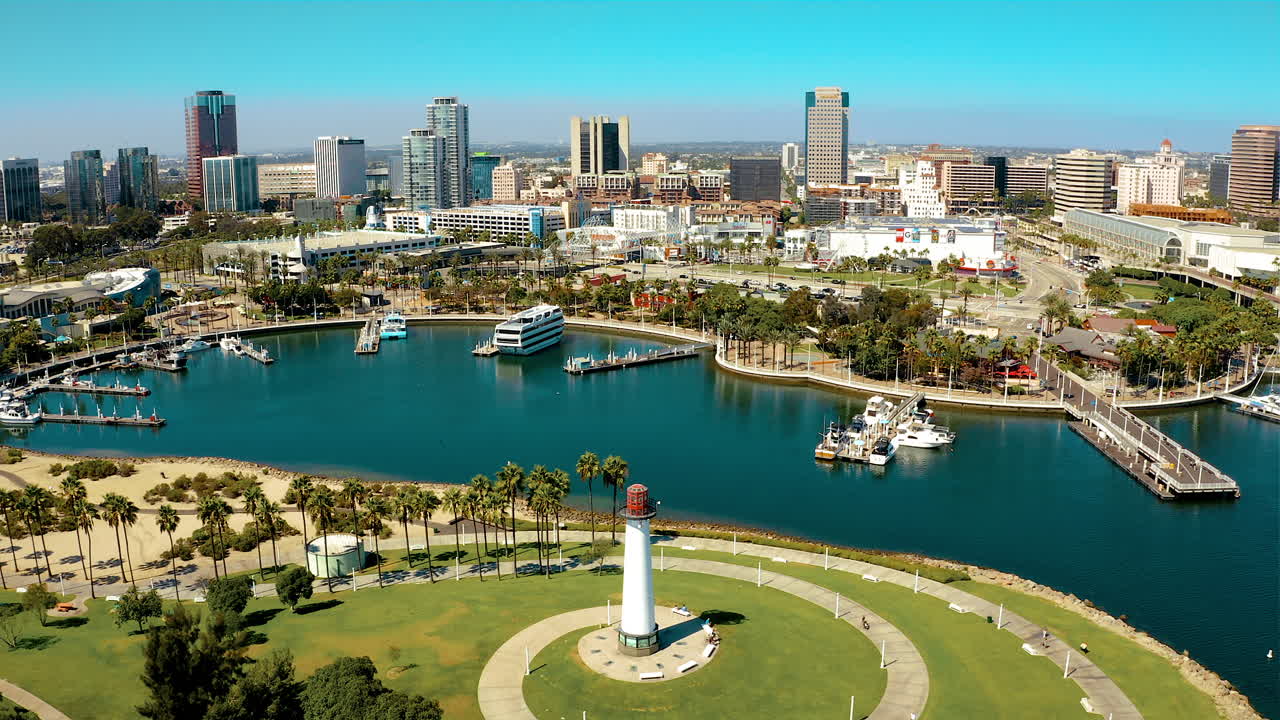 Drone flight around lighthouse in Long Beach California