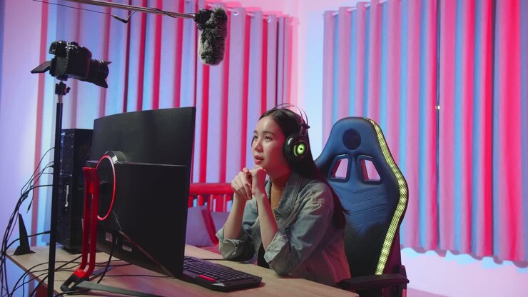 Giovane streamer gamer che parla alla telecamera
