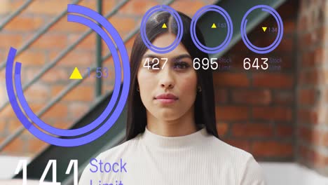 animation of stock market data processing against biracial woman at office