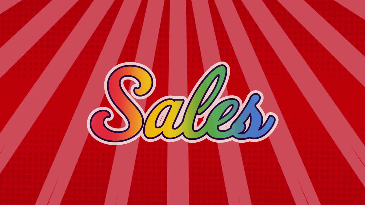 animación de texto de ventas de arco iris sobre fondo de patrón rojo