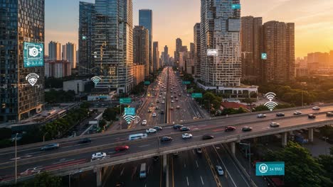 aerial view capturing the vibrant cityscape at sunset with modern traffic flow, unveiling high-tech connectivity and urban development in a dynamic metropolis