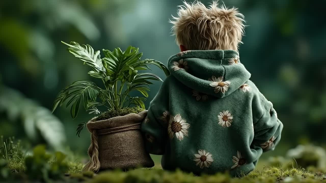 Saksıda bitki tutan yeşil kapüşonlu küçük bir çocuk