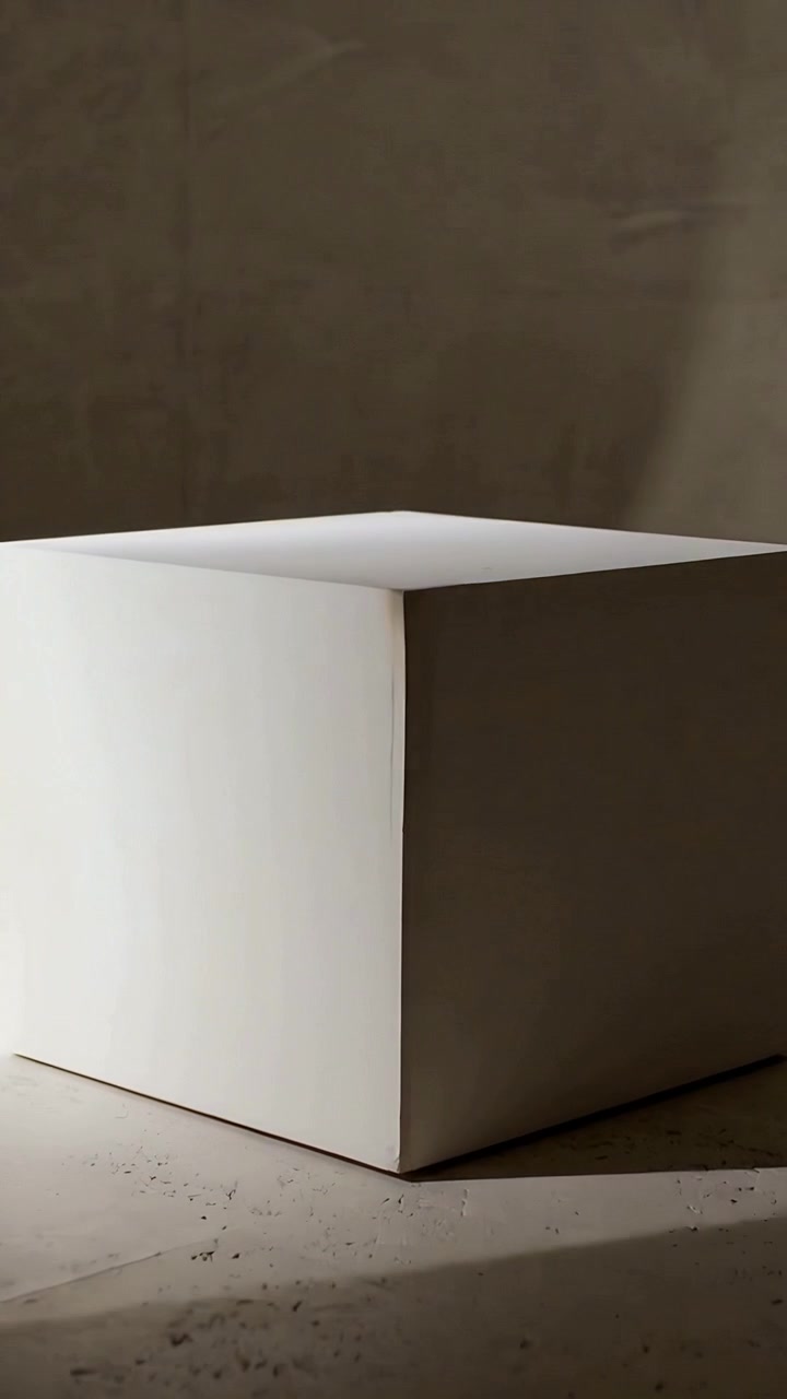 Video verticale: Illuminazione di un cubo bianco, fascio di luce in movimento che evidenzia, telecamera che si sposta a destra mostrando la polvere sul muro.
