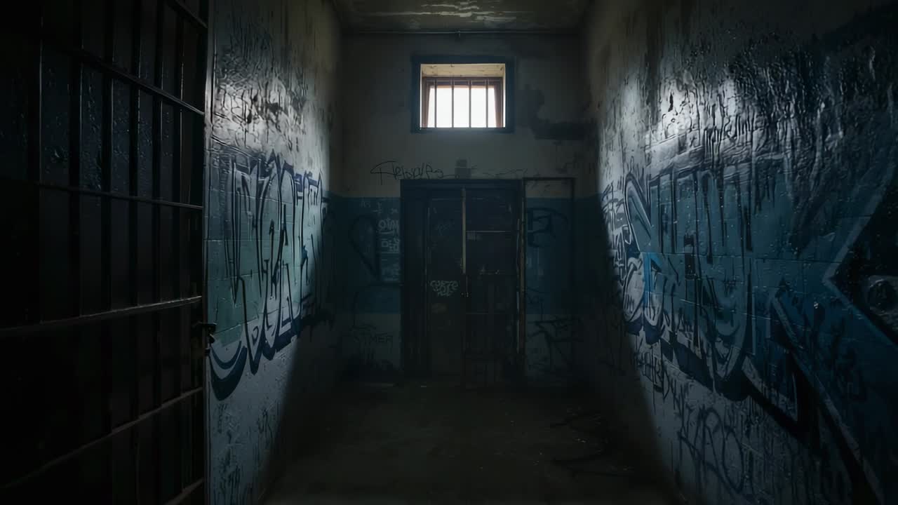 Camera moving down graffiti corridor as high barred window brightening revealing shut wooden door