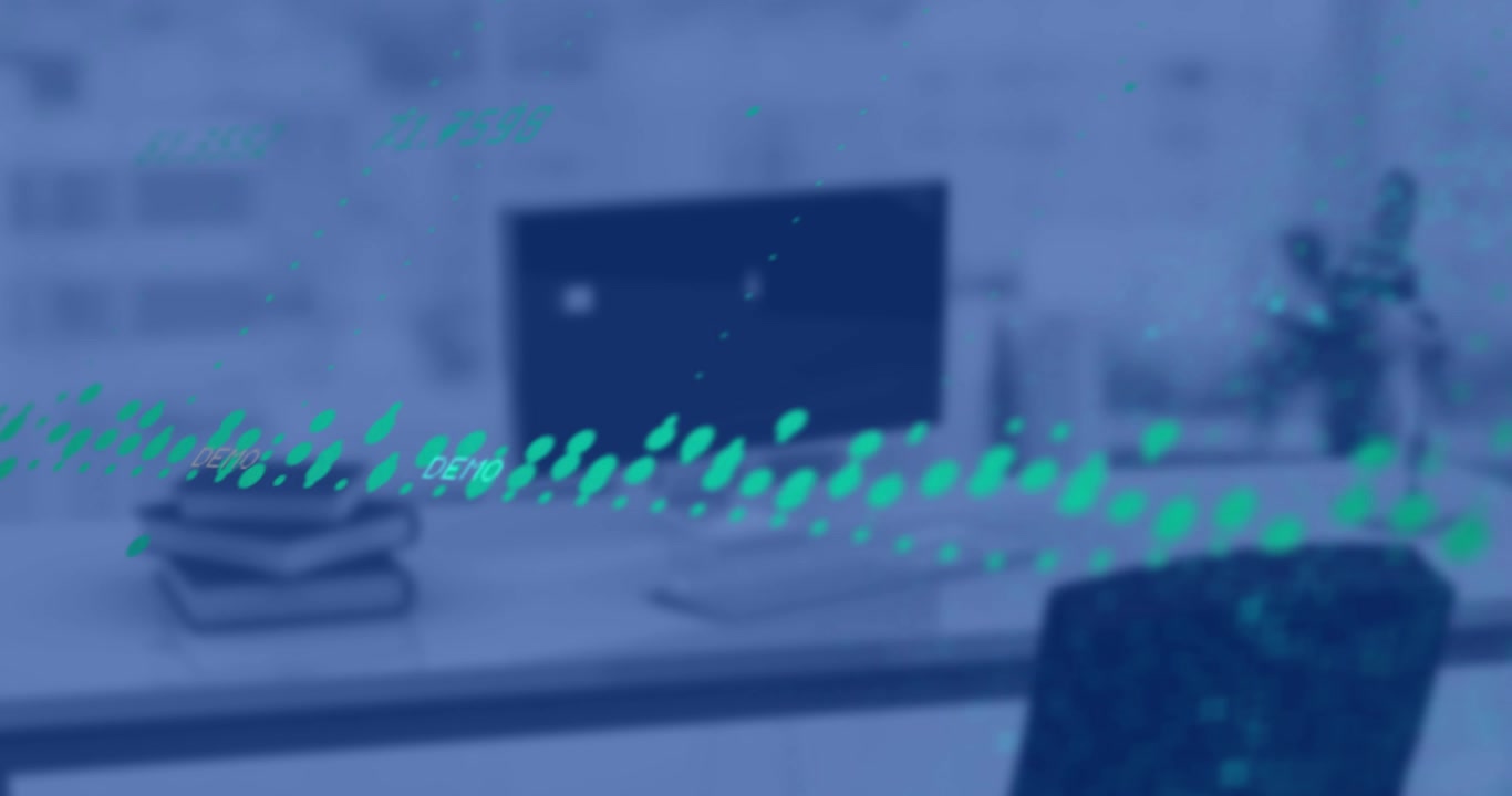 Glowing green ripple emerging sweeping across desk into monitor showing numeric data then fading