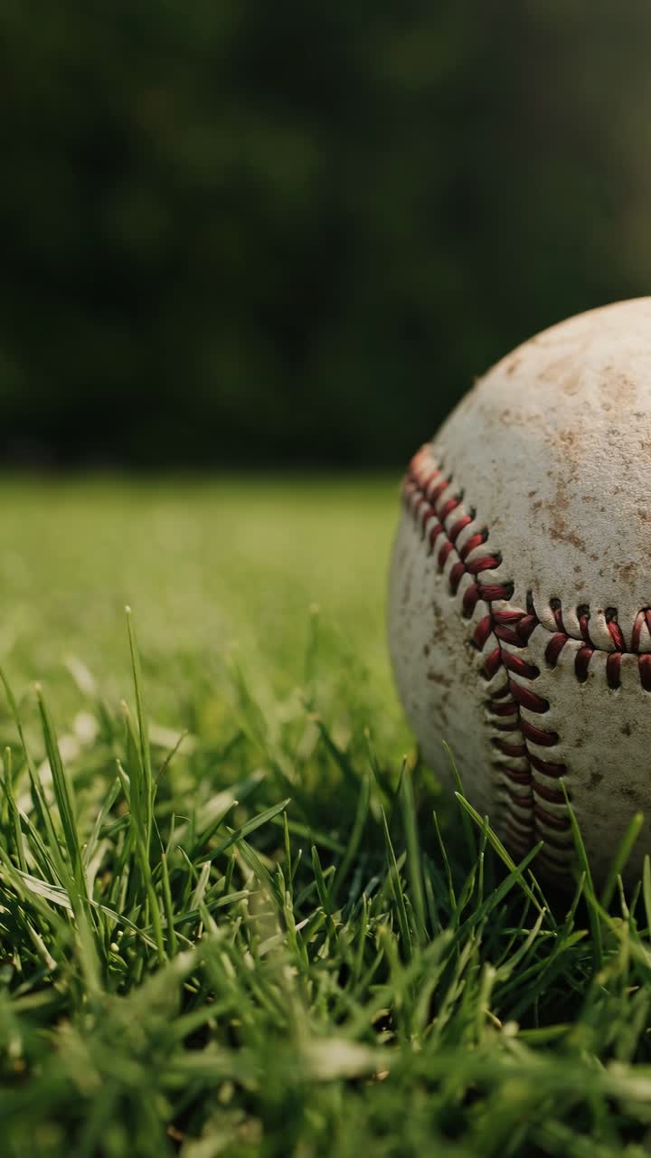 Video ravvicinato di una palla da baseball appoggiata sull'erba verde e lussureggiante, ripreso dal basso.