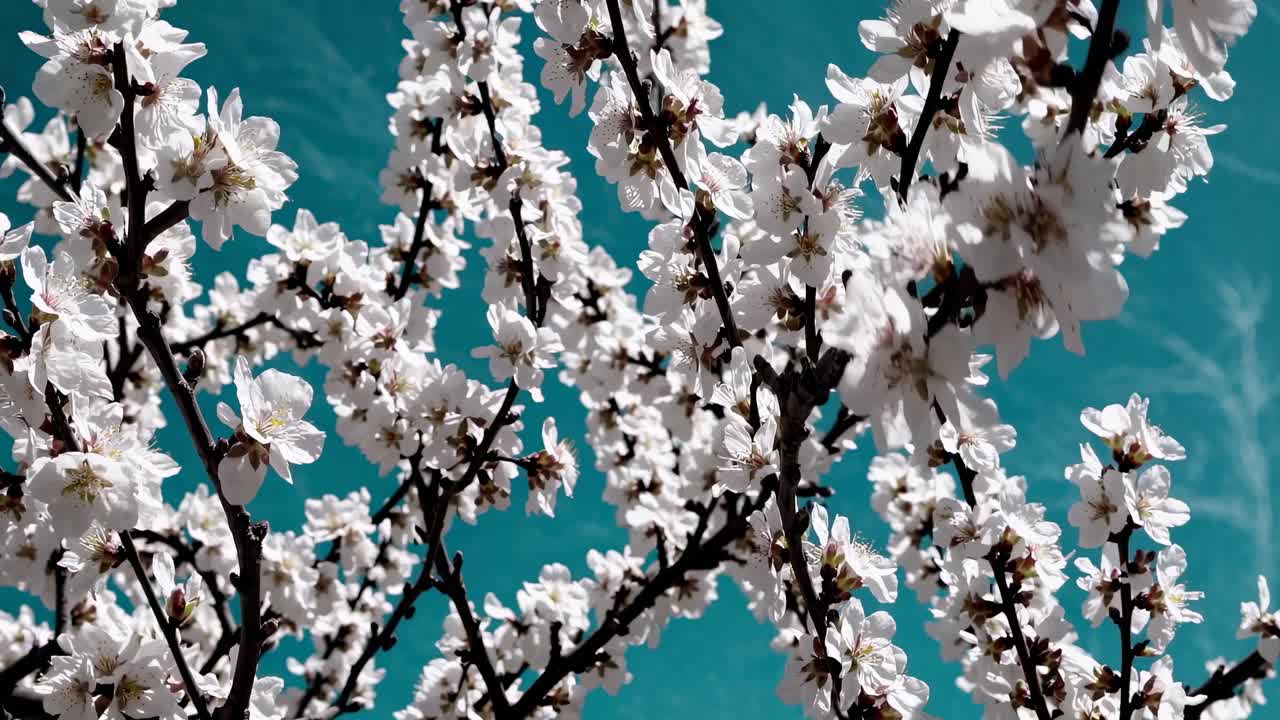 Close-up video of white blossoms against a turquoise background, shot from a low angle