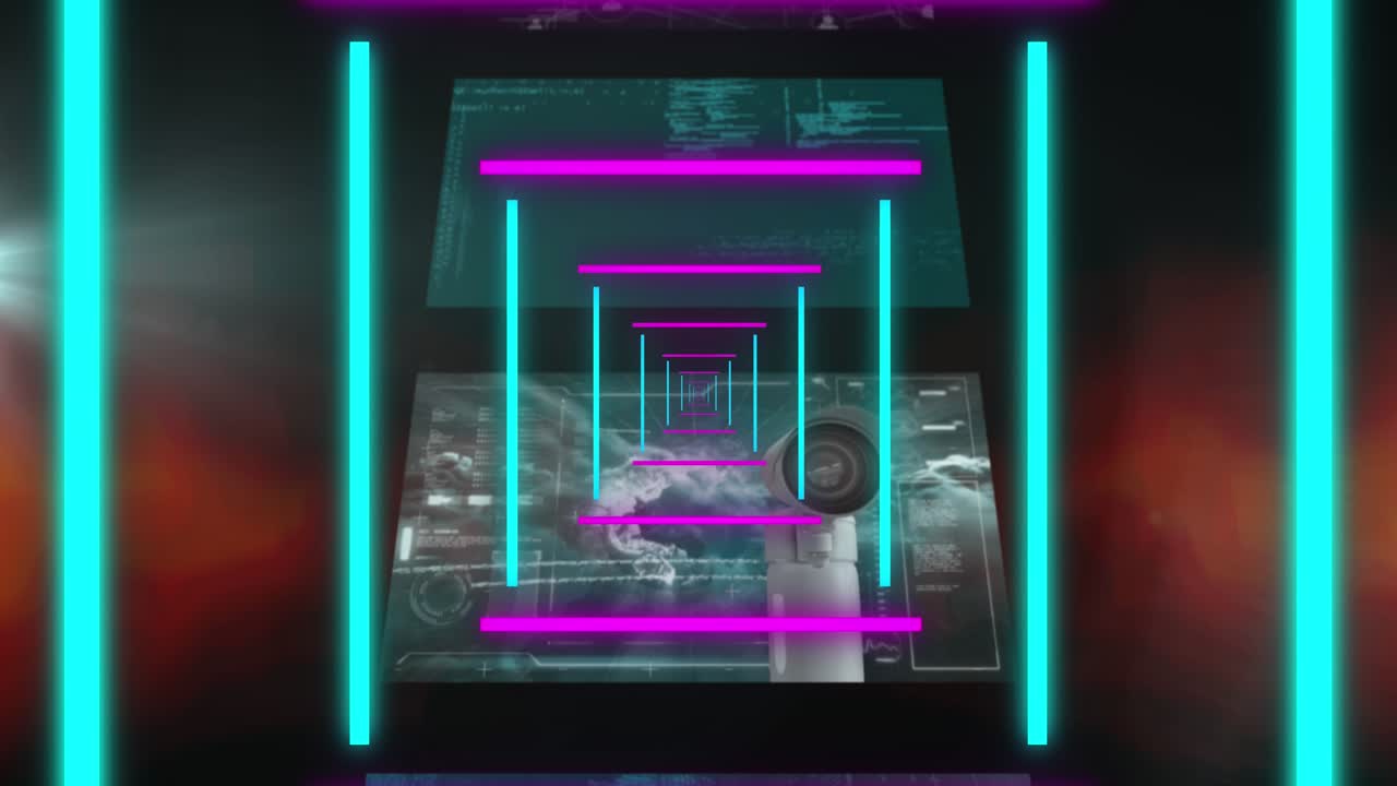 Animation of data processing over neon shapes