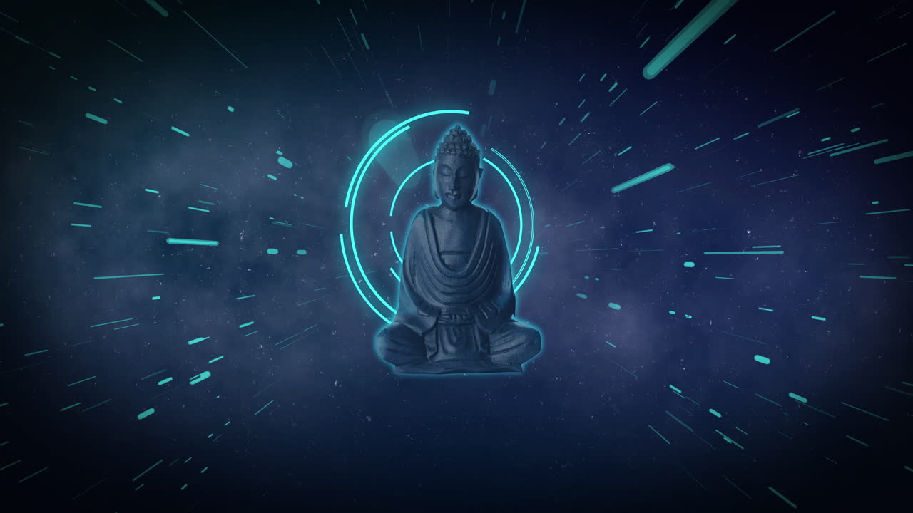Animation of meditating buddah figure over data loading wheel and light trails on dark sky