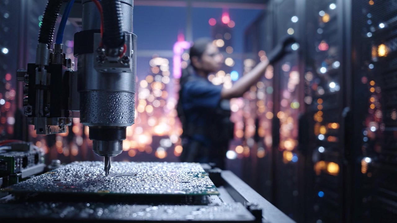 Advanced Robotic Arm in High-Tech Environment Automating Processes with Data Servers in Background, Showcasing Precision and Technological Sophistication