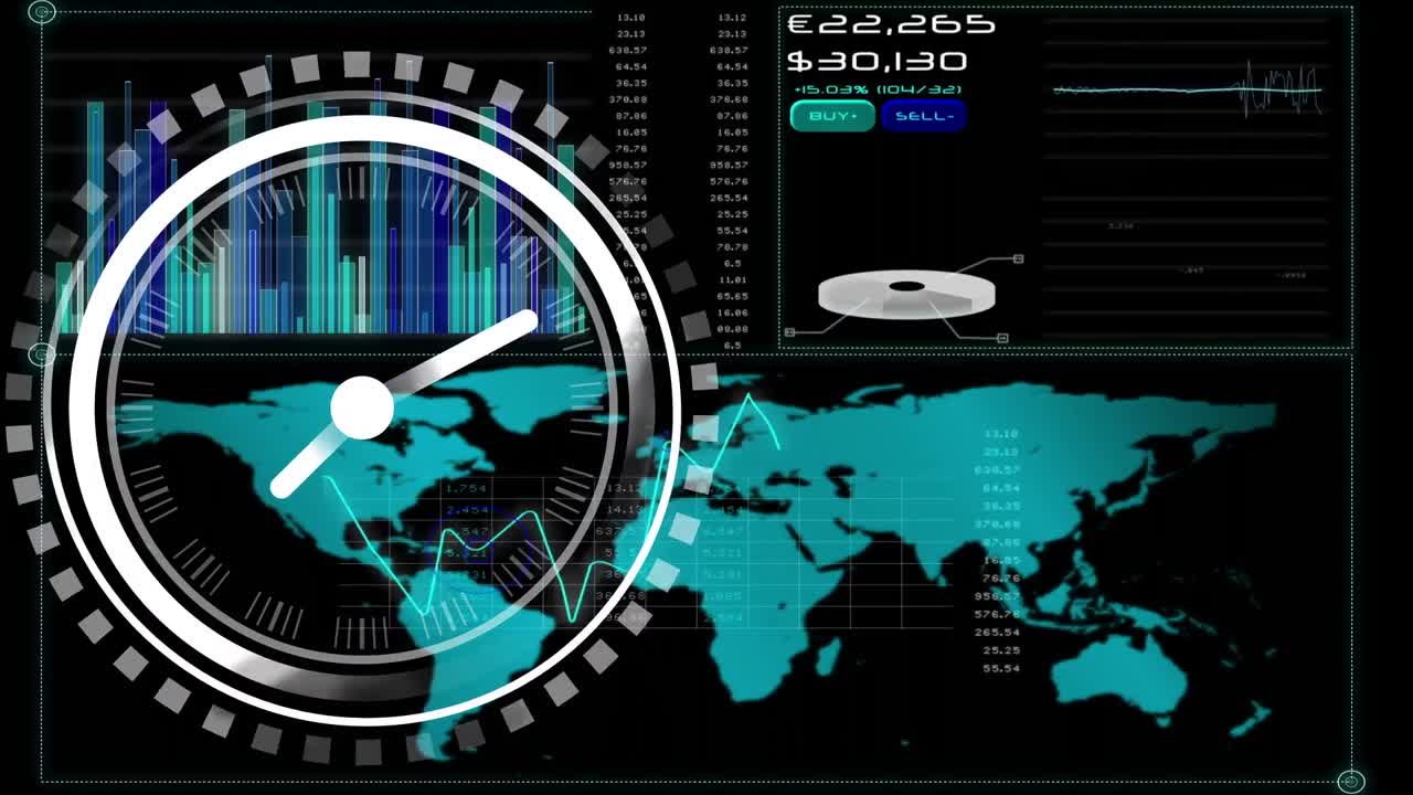 reloj digital sobre la interfaz con procesamiento de datos contra un fondo negro