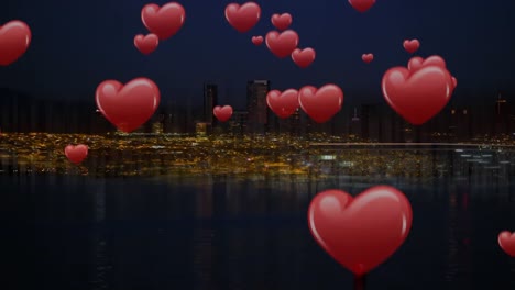 icono de corazones y vista de la ciudad