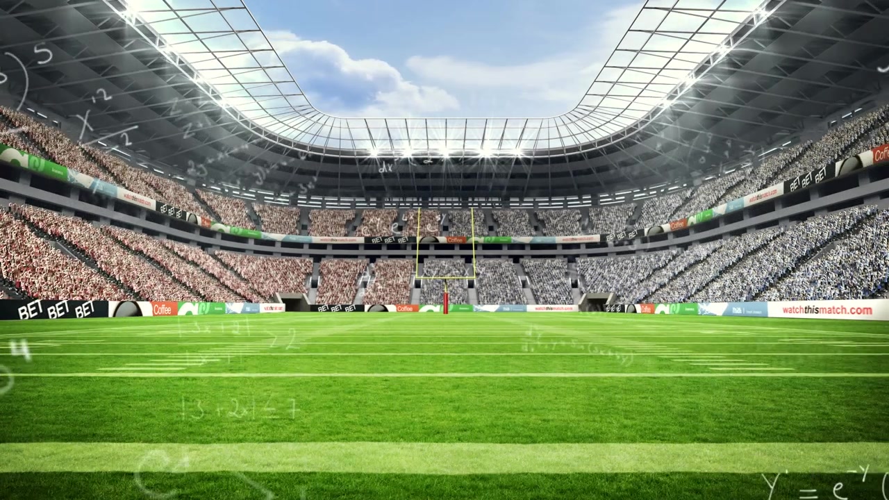 Animazione di un pallone da calcio colorato su uno stadio sportivo.
