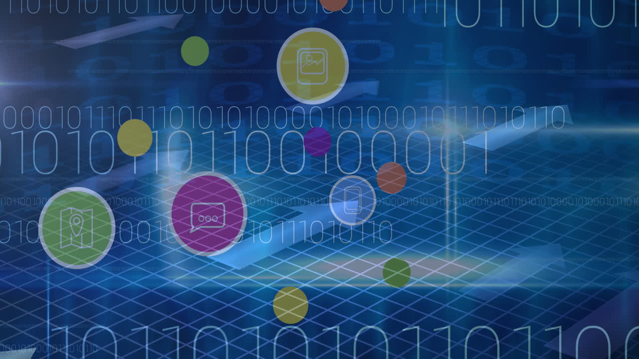 디지털 아이콘의 애니메이션과 파란색 배경의 화살표 위에 바이너리 코딩으로 데이터 처리가