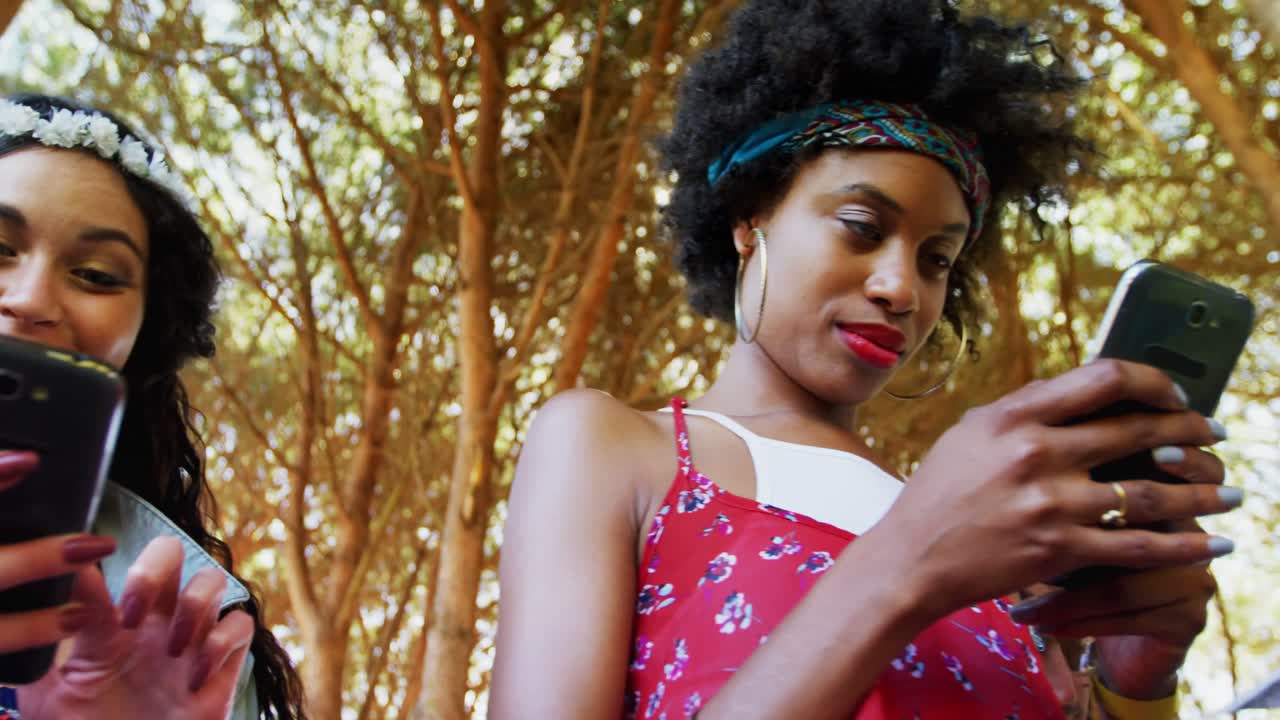 4k 공원에서 휴대폰을 사용하는 친구들