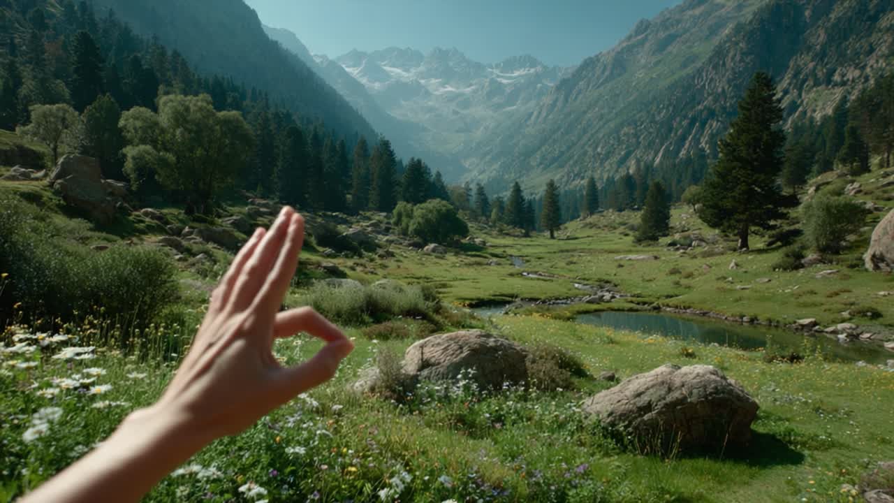 A Serene Mountain Landscape with Lush Greenery and a Calm Stream, Capturing the Essence of Nature's Beauty and Tranquility