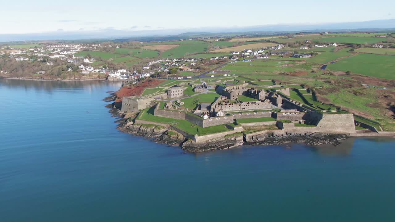 Wide aerial view over Charles Fort, Kinsal, Ireland on sunny cloudless day