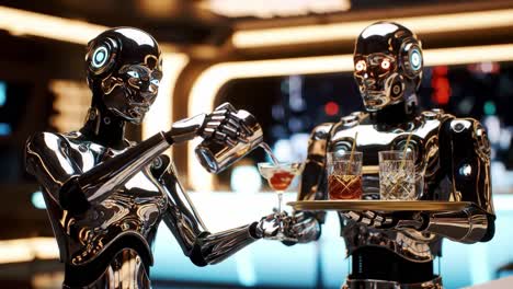 two metallic robots interact in a high-tech bar, one holds a tray with drinks while the other engages with patrons. the atmosphere is bright and modern with glowing lights.