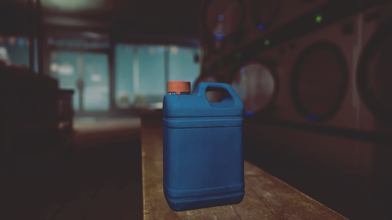 Cleaning solvent container placed on a table in a dimly lit laundry room