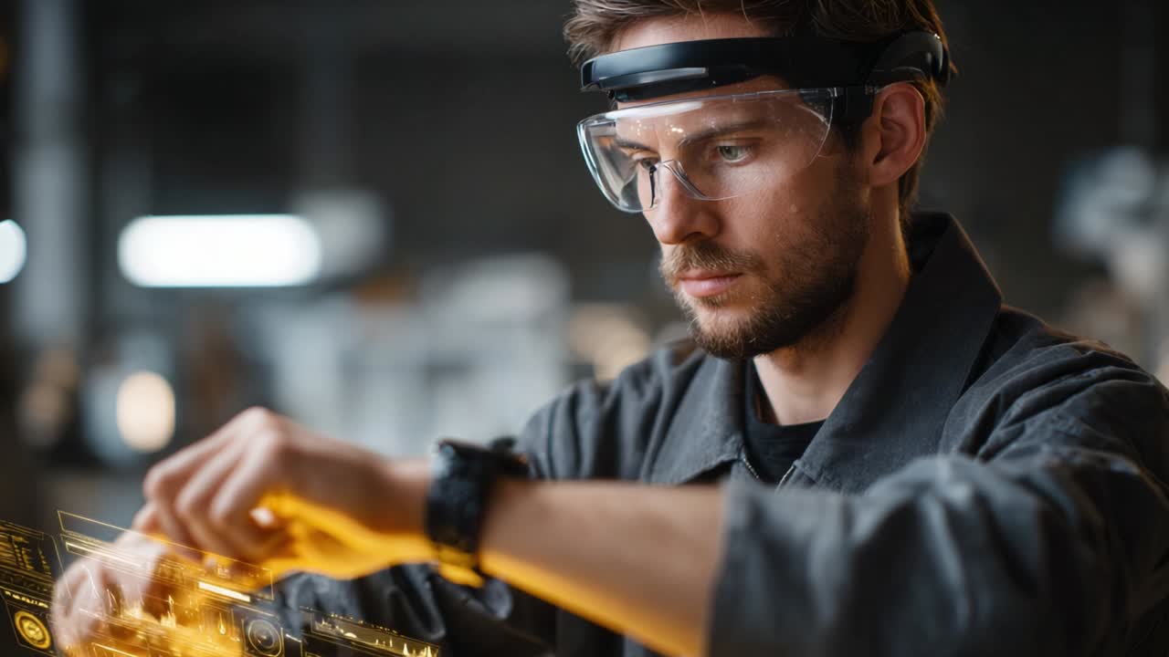 Man using augmented reality technology in a factory setting