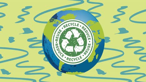 animación de un cartel de reciclaje y texto sobre el globo sobre fondo azul y verde