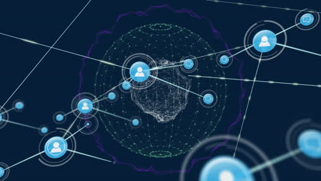 animación de iconos conectados con líneas sobre ondas y patrón abstracto en puntos que forman un globo
