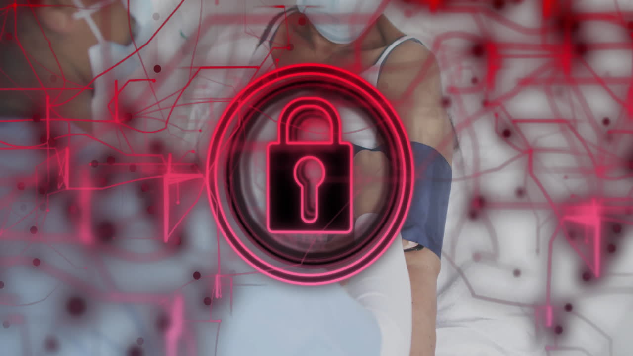 Lock icon animation over person receiving medical treatment in hospital setting