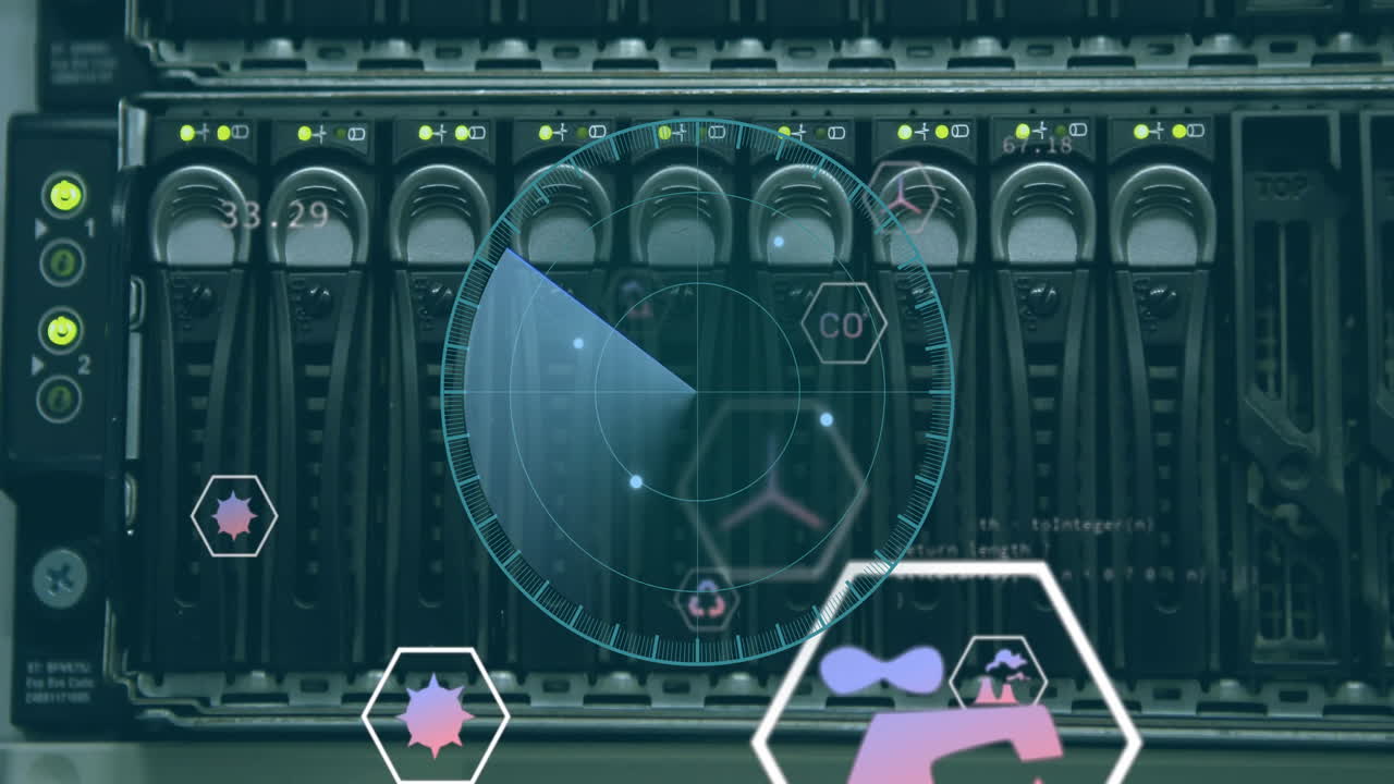 컴퓨터 서버를 통해 범위 스캐닝과 데이터 처리의 애니메이션