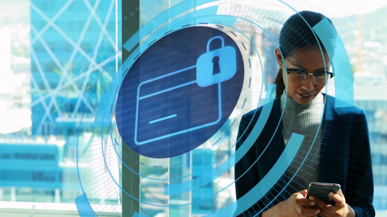 animación de una tarjeta y un candado digital en círculos sobre una mujer biracial usando un teléfono inteligente