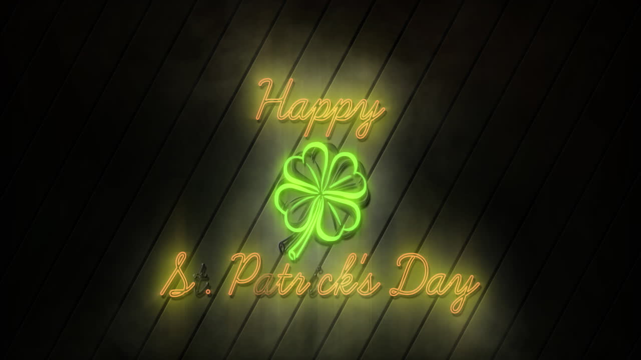 Animação das palavras Feliz Dia de São Patrício escritas em letras de néon amarelas cintilantes