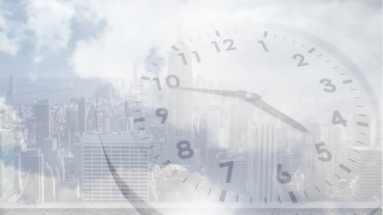 시계 이동 위의 도시 풍경의 애니메이션