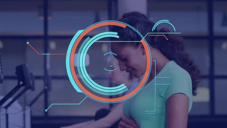 Animation of data processing over happy biracial pregnant woman exercising at gym
