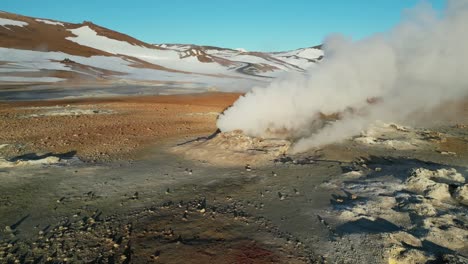 drone shot of hverir steam fields in iceland during winter in the morning