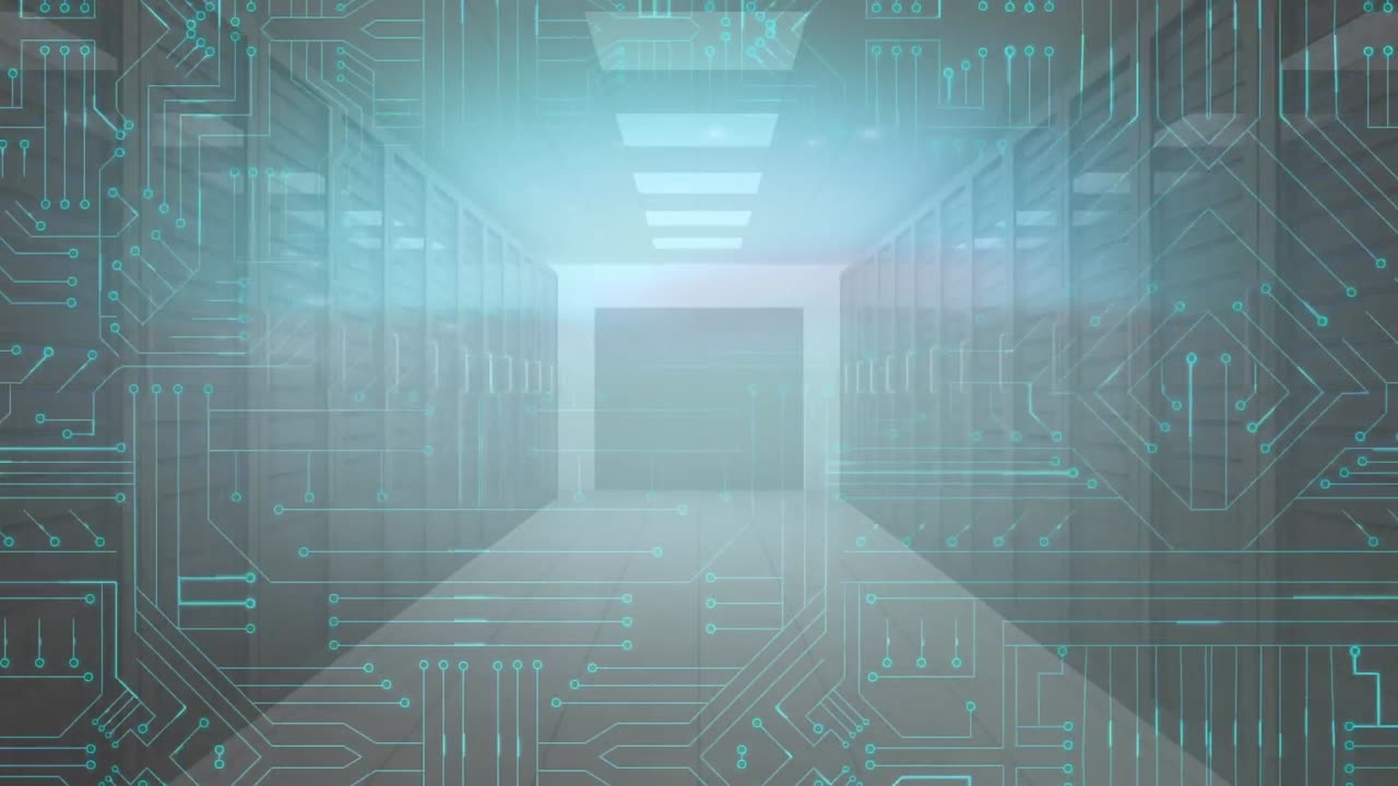 Computer server room with glowing motherboard moving in foreground