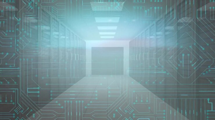 Computer server room with glowing motherboard moving in foreground
