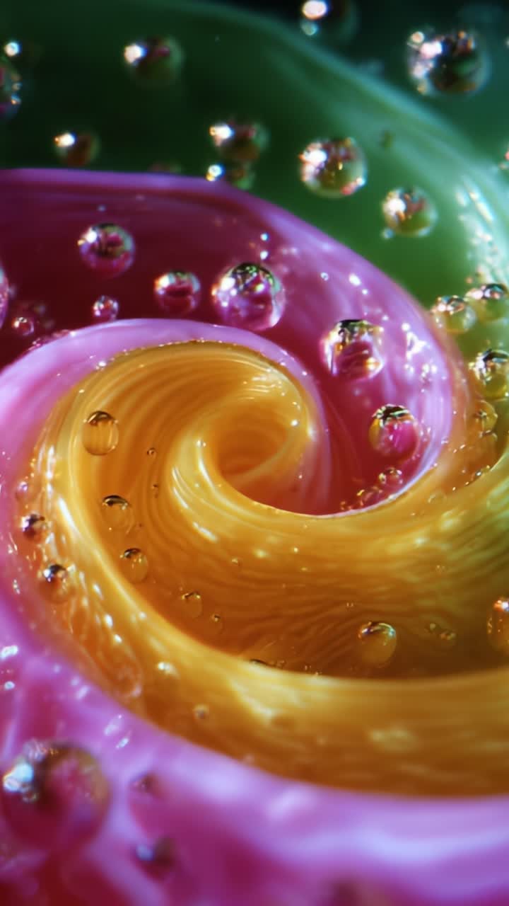 Una spirale accattivante di bolle colorate catturata in un movimento fluido, che mette in mostra motivi meravigliosi e tonalità vivaci che creano un'esperienza visiva artistica